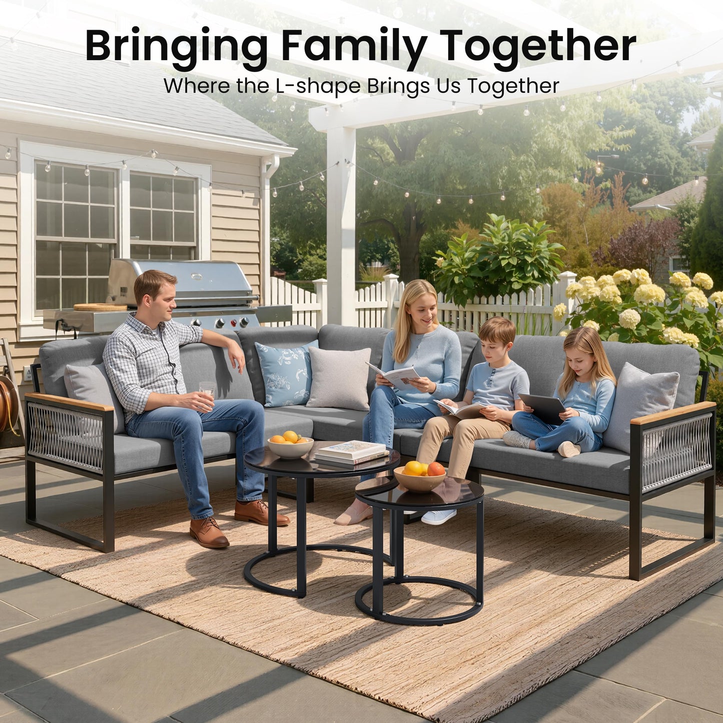Crestlive 6 Piece Patio Furniture Set, Modern L-Shaped Outdoor Sectional Sofa with Nesting Tables, 4 Inch Thick Cushion, All Weather Resistant Outdoor Furniture Set for Backyard Patio Garden