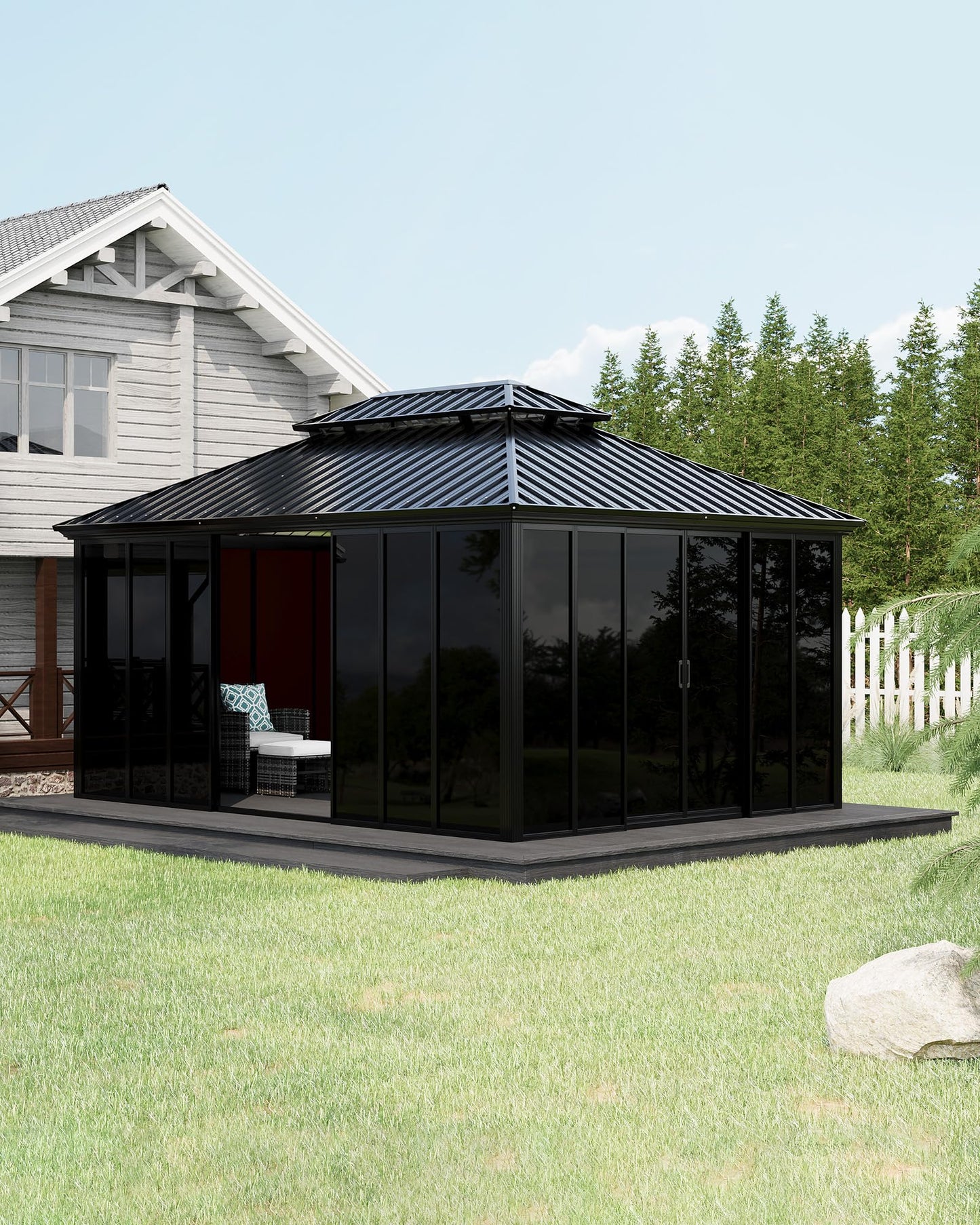 GarveeLife 12x16 ft Sunroom Hardtop Gazebo, Enclosed Gazebo with Floor-to-Ceiling Sliding Doors, All-Aluminum Alloy Frame, Screen Outdoor Room Solarium for Backyard, Patio, and Deck