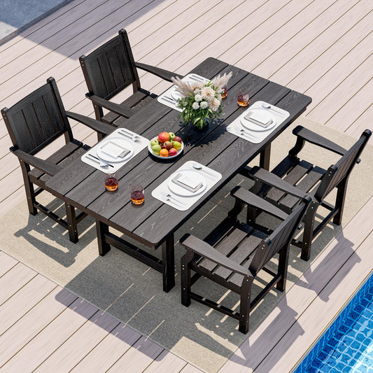 Pamapic 5-Piece Outdoor Dining Set, HDPE Outdoor Rectangular Table and 4 Chairs, Wood Grain Patio Furniture Sets with Armrest, All-Weather Patio Dining Table with Umbrella Hole, Black