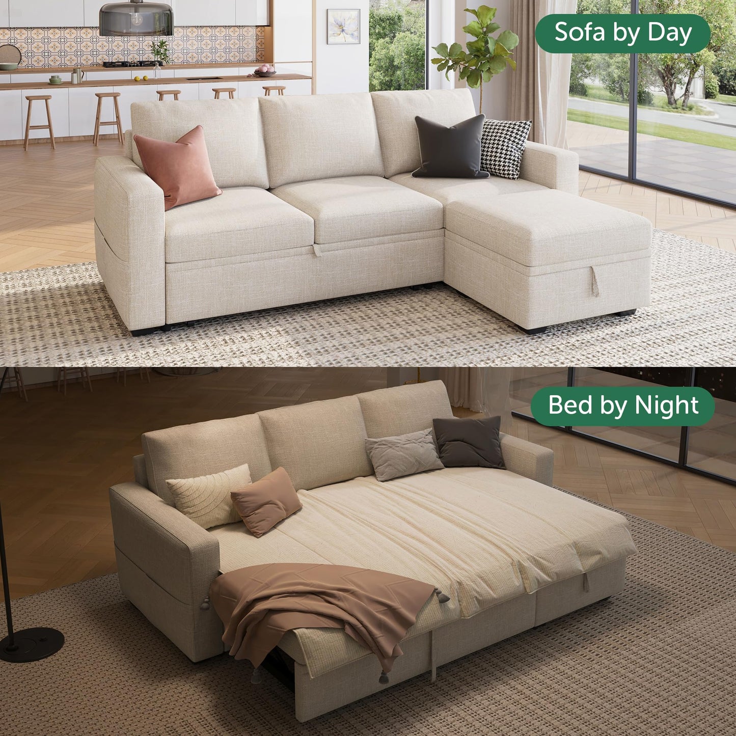 HONBAY Modular Sectional Sleeper Sofa with Pull Out Bed, L Shaped Couch with Storage Seat, Modular Sectional Couches for Living Room - Beige