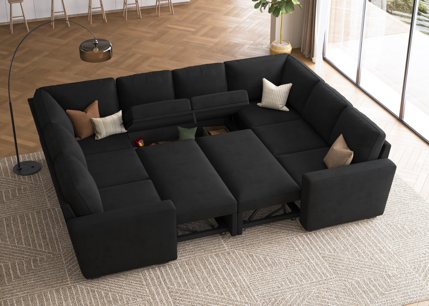 HONBAY Sleeper Sectional Couch with Pull Out Bed, Velvet Modular Sofa with Storage, U Shaped Sectional Couches for Living Room, Black