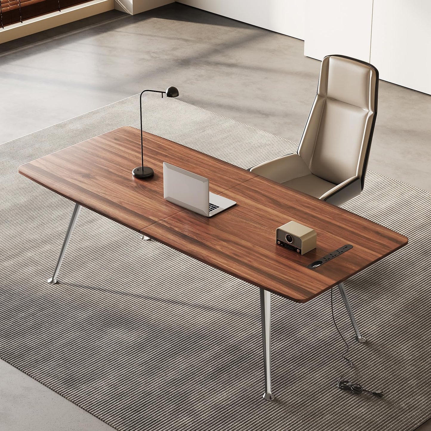 Writing Computer Desk, 60-Inch Large Executive Desk Office Workstation with Chrome-Plated Legs and Built-in Power Outlet, Writing Table Business Furniture, Modern Minimalist Style for Home Office