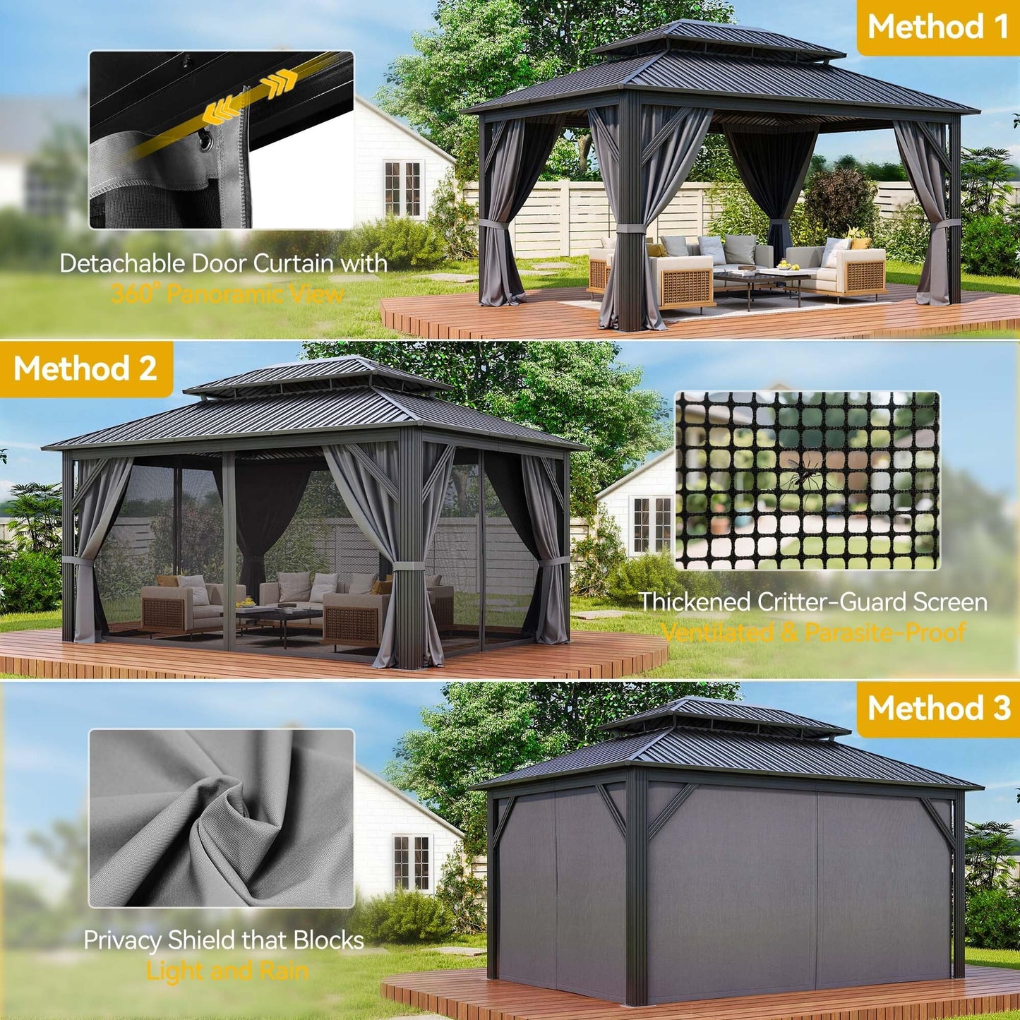 DWVO 12x16ft Hardtop Gazebo Double Roof with Nettings and Curtains, Heavy Duty Galvanized Steel Outdoor Vertical Stripes Roof for Patio, Backyard, Deck, Lawns, Gray