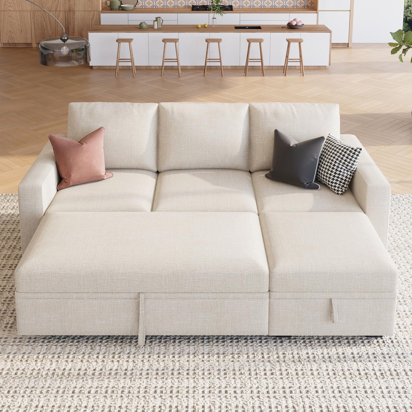 HONBAY Modular Sectional Sleeper Sofa with Pull Out Bed, L Shaped Couch with Storage Seat, Modular Sectional Couches for Living Room - Beige