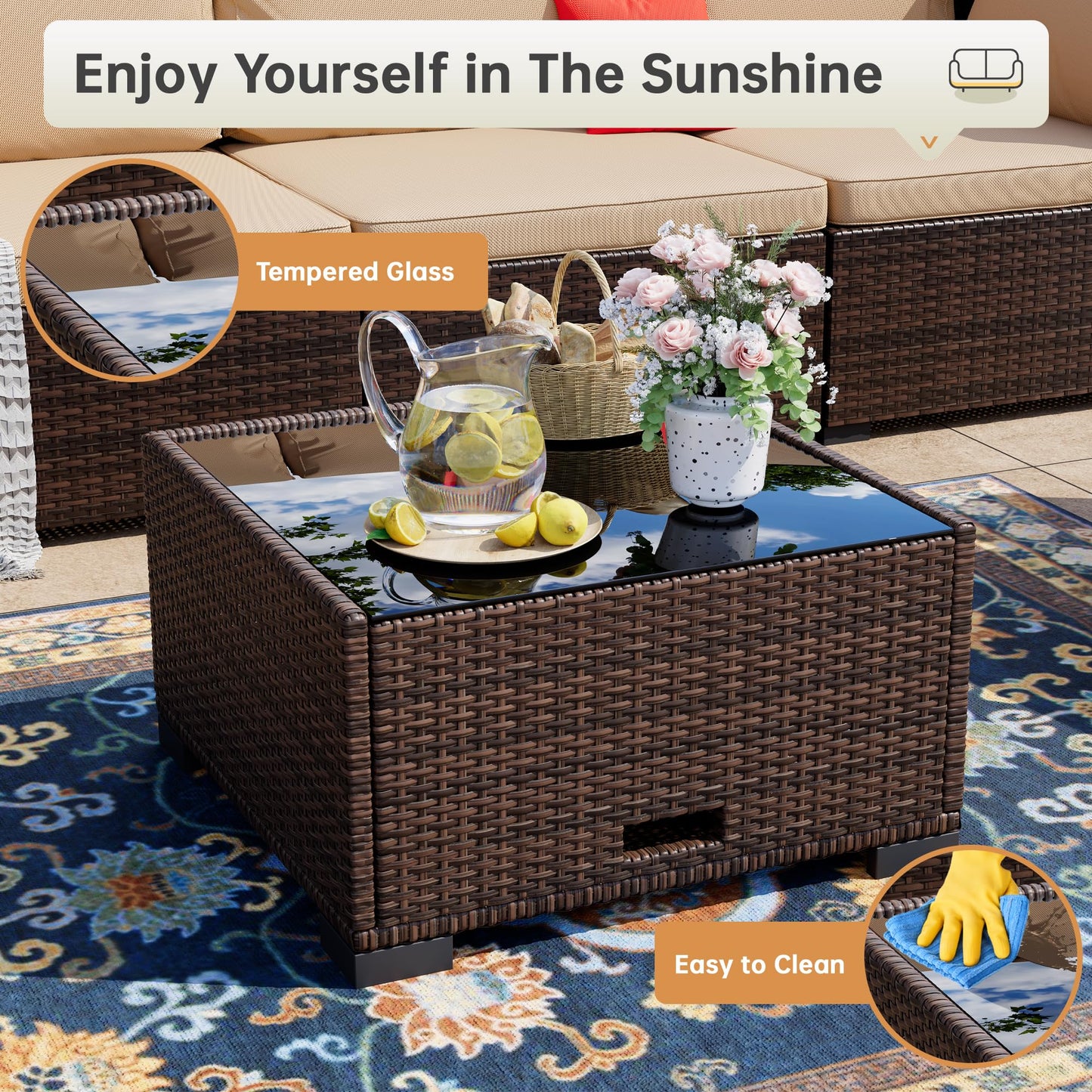 LHBcraft 7 Piece Patio Outdoor Furniture Set, Outdoor Sectional, All-Weather Manual Weaving PE Rattan Wicker Patio Sectional Sofa, Rattan Outside Furniture with Beige Cushion and Glass Table
