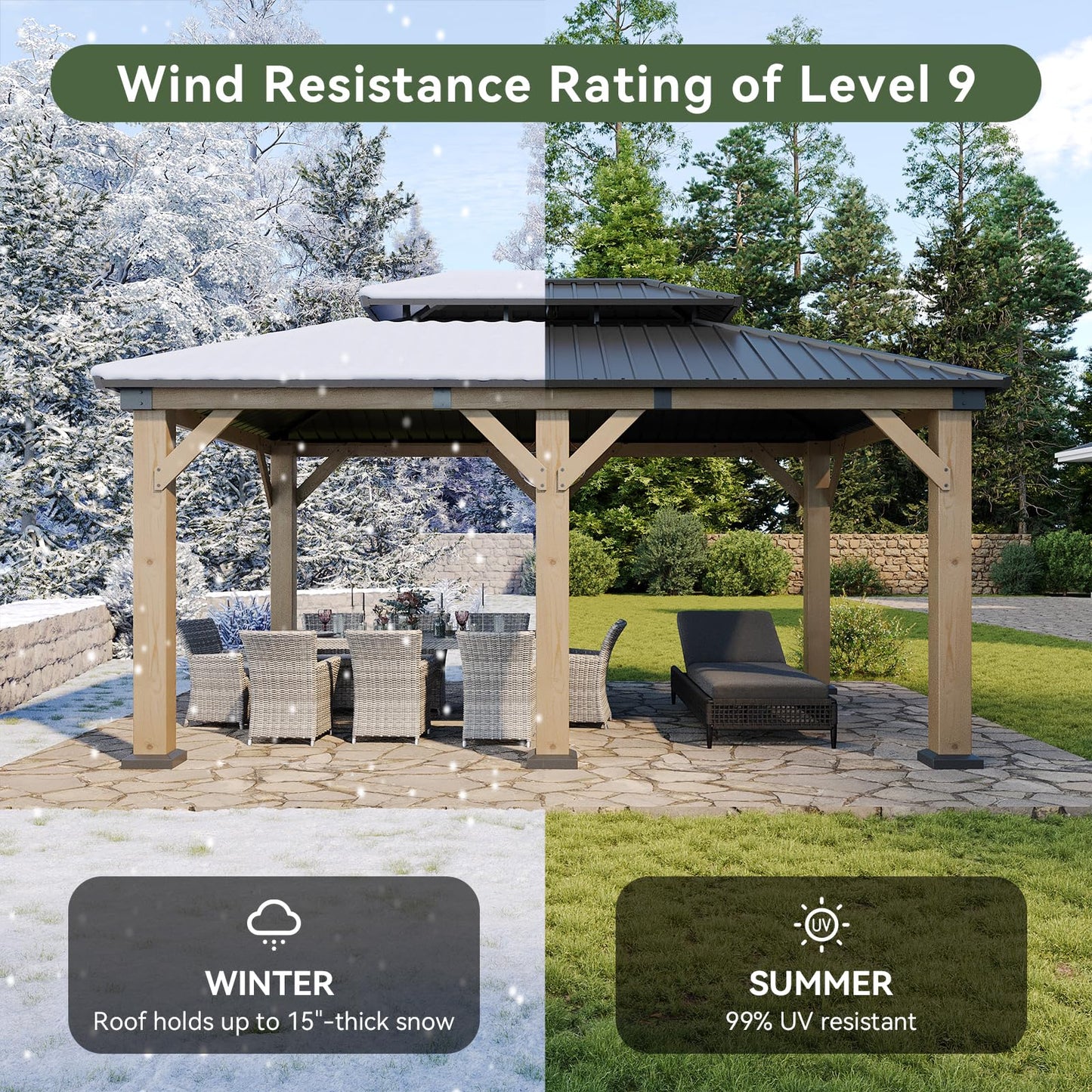 Aoxun 12' x 16' Outdoor Wood Gazebo, Hardtop Gazebo with Galvanized Steel Roof, Permanent Wooden Pavilion with Ceiling Fan, for Patio, Garden, Backyard, Cedar Wood, Grey