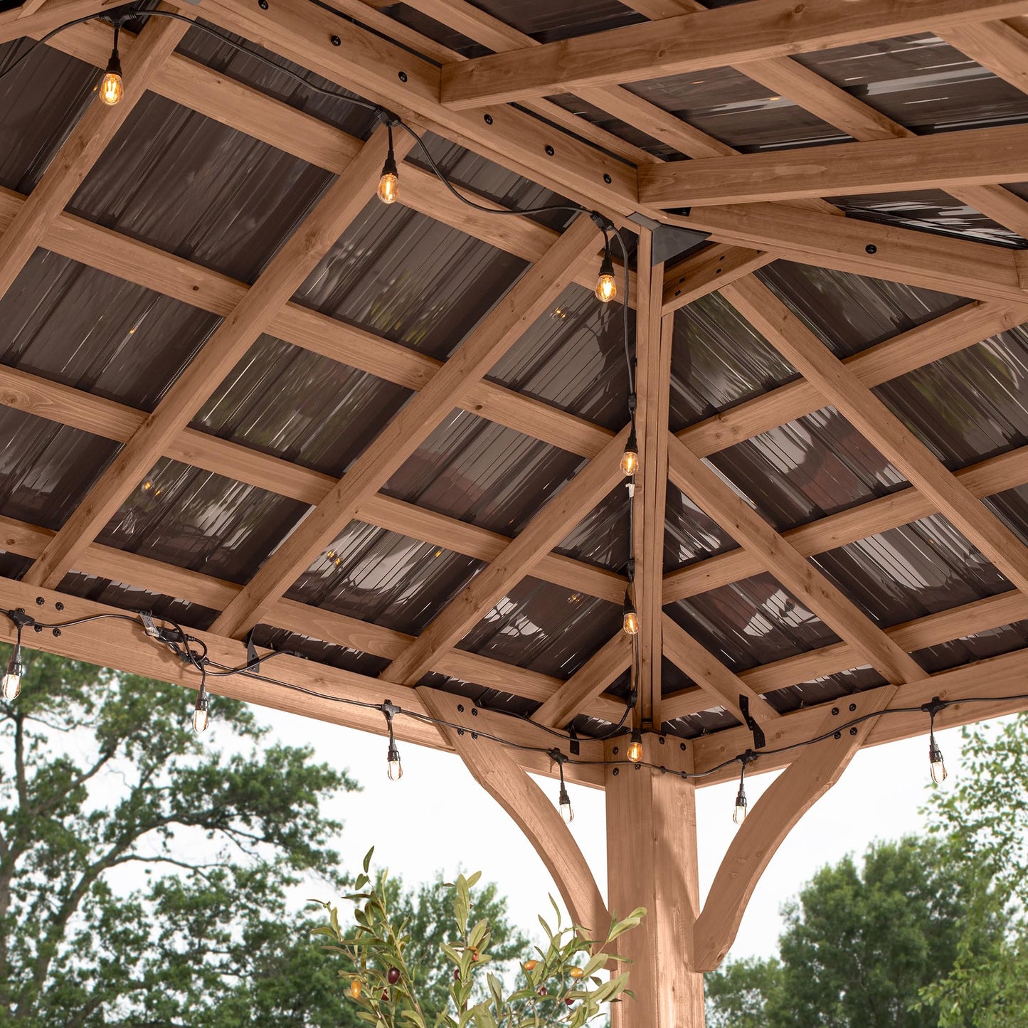 Backyard Discovery Barrington 14' x 10' Cedar Wood Outdoor Gazebo Pavilion with Hardtop Galvanized Steel Hip Roof, Snow Support, Wind Resistance, PowerPort, Shade for Garden, Patio, Deck, Entertaining