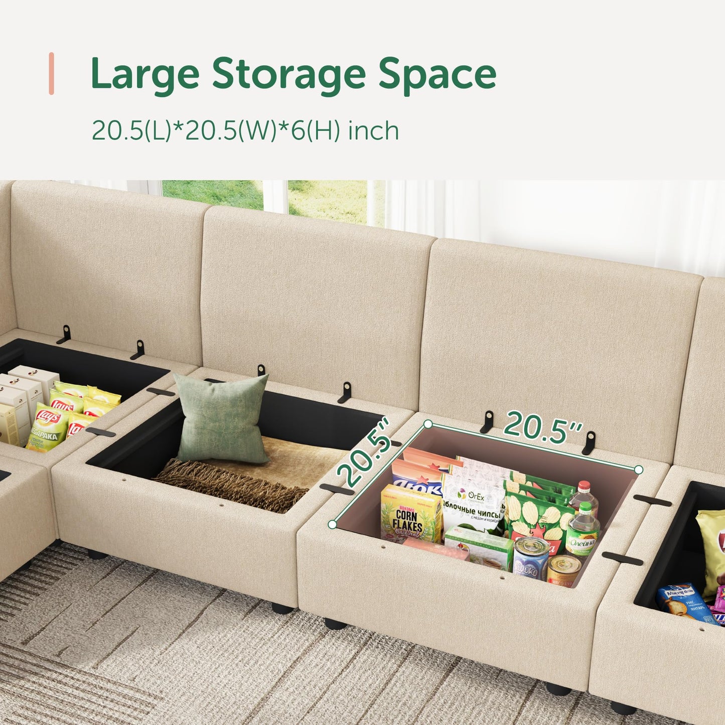HONBAY Modular Sofa U Shaped Sectional Couch with Storage, Convertible Modular Sofa 7 Seats Sectional for Living Room - Beige