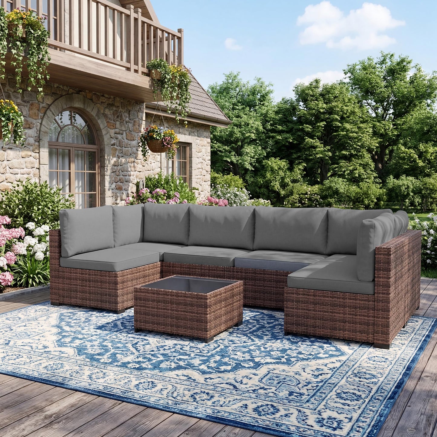 LHBcraft Patio Furniture Set with Rain Cover,7 Pieces Outdoor Wicker Rattan Patio Furniture, Wicker Rattan Outdoor Sectional Sofa Set with Coffee Table for Garden, Poolside Taupe-Grey