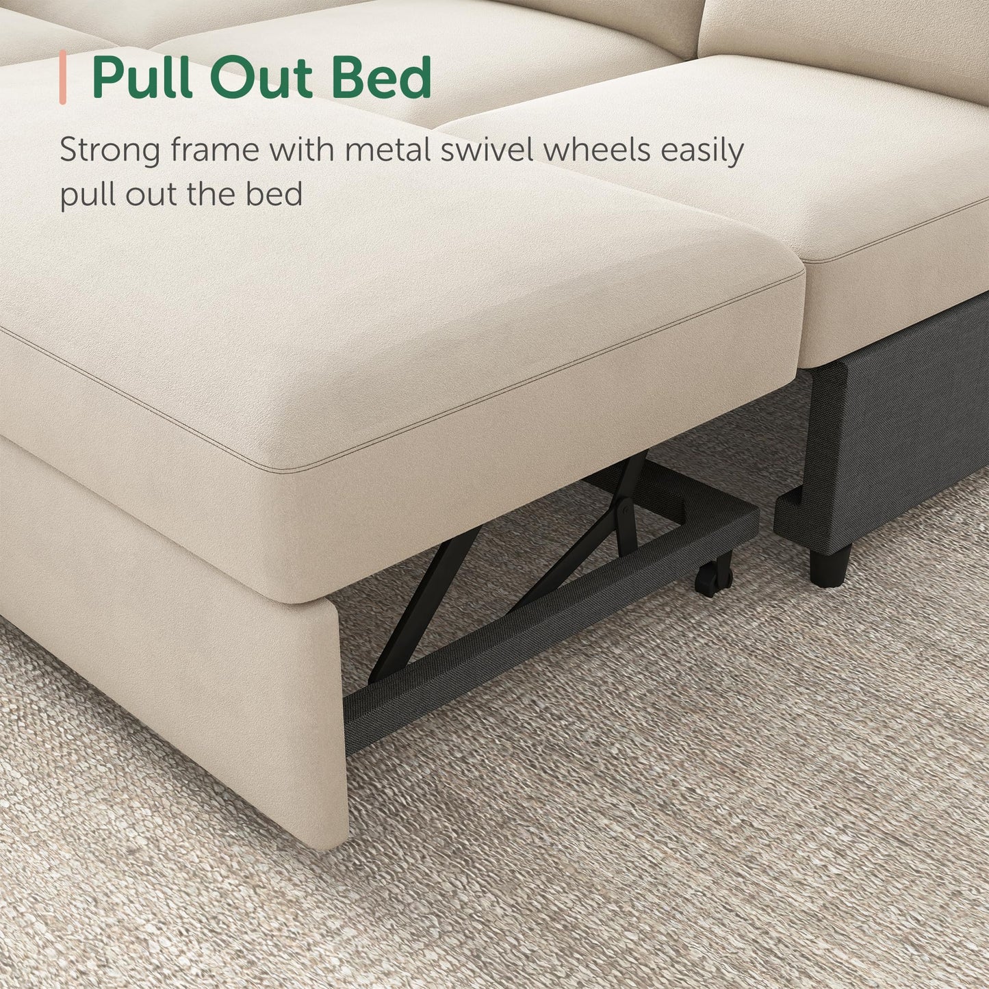 HONBAY Sectional Sleeper Sofa with Pull-Out Bed Storage Chaise, 6 Seaters Couch for Living Room, Beige