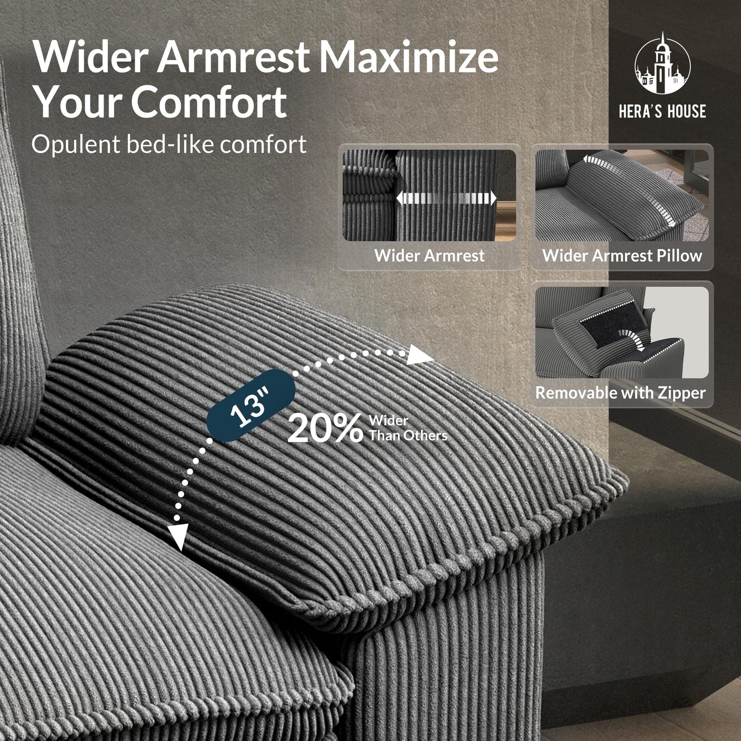 HERA'S HOUSE 158" Modular Sectional Sofa, Oversized U Shaped Couches for Living Room, Comfy Cloud Couch with Ottoman, 6-Seater Deep Seat Sofa with Throw Pillow, Corduroy Grey