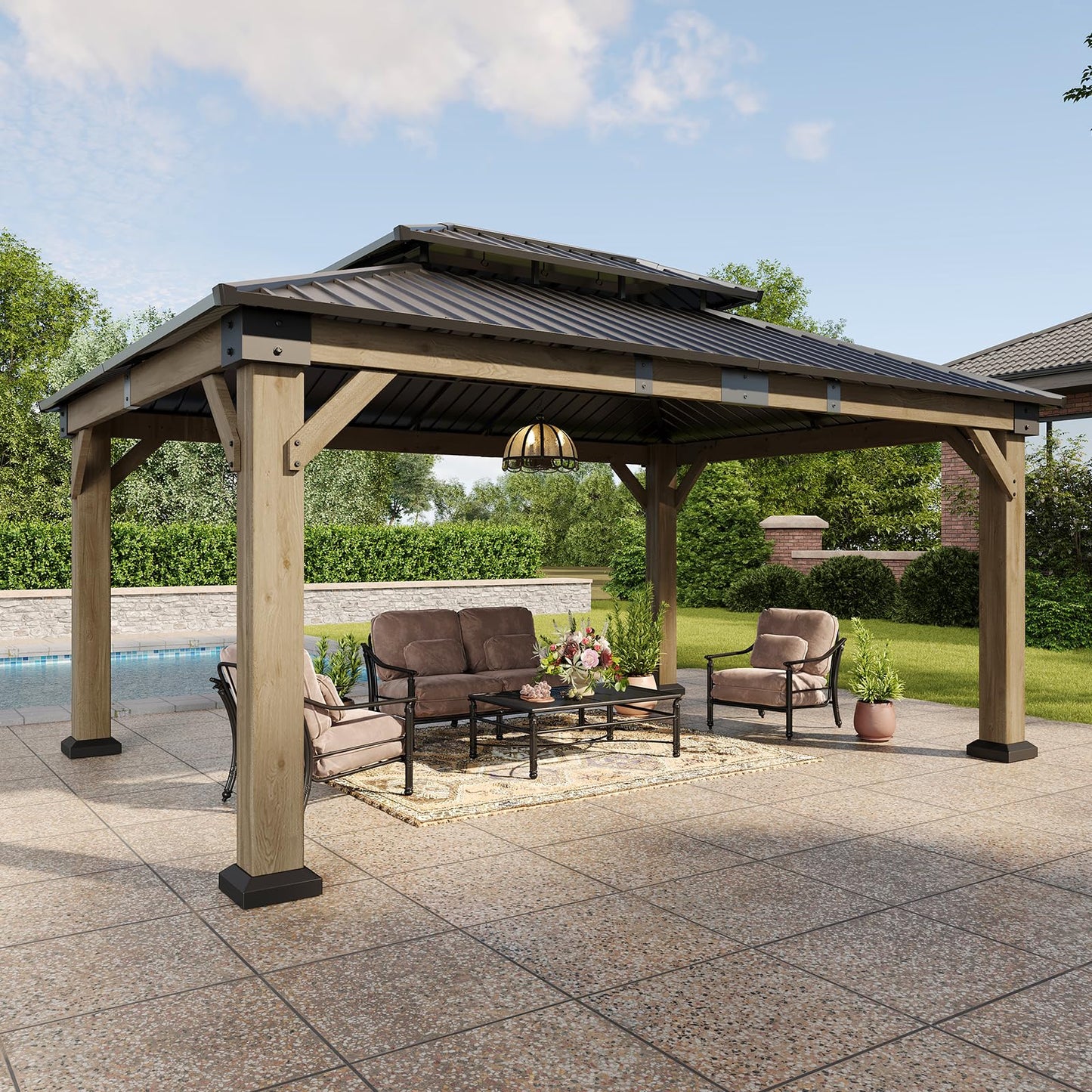 Aoxun 12' x 16' Outdoor Wood Gazebo, Hardtop Gazebo Permanent Wooden Pavilion with Galvanized Steel Double Roof, for Patio, Garden, Backyard, Cedar Wood, Grey