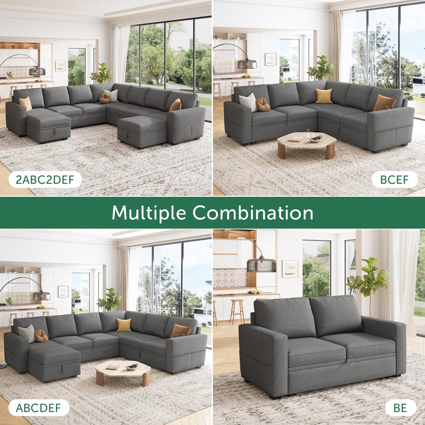 HONBAY Modular Sectional Sleeper Sofa Bed, Sectional Couch with Pull Out Bed U Shaped Modular Couch with Storage Ottoman for Living Room, Dark Grey