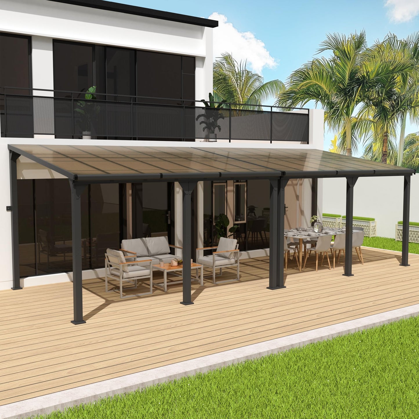 Patiopia 10 * 28FT Pergola,4 * 9 Inch Thickened Pillars & Enlarged Base,Outdoor Hardtop Lean to Gazebo,Wall Mounted Pergola,Pergolas Gazebos Clearance,Aluminum Frame Pergola,UV Resistant Patio Roof