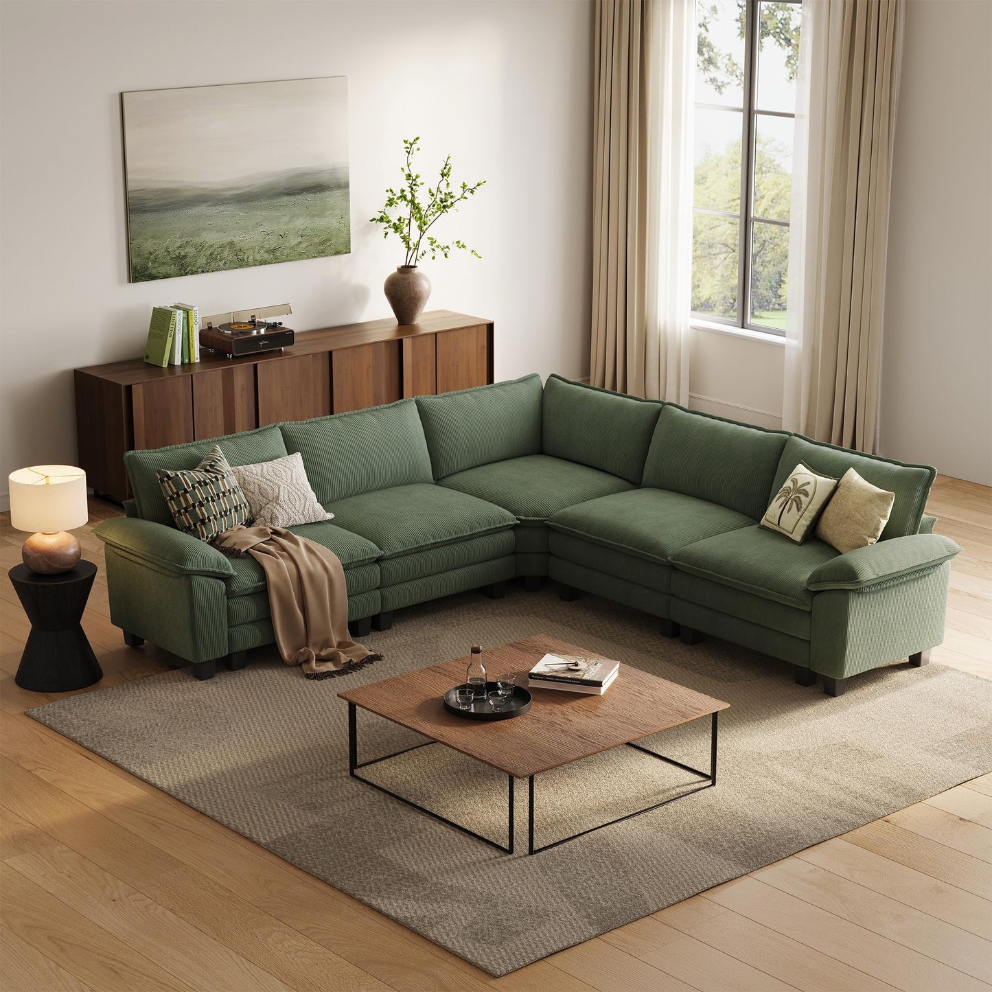 LINSY HOME Modular Sectional Sofa Couch Corduroy Cloud Couches for Living Room, V-Shaped Cloud Couch Sectional Sofas for Bedroom and Apartment, Green