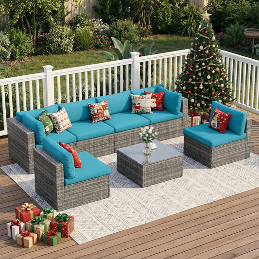 Wisteria Lane 7 Pieces Outdoor Patio Furniture Set, Wicker Outdoor Patio Sectional Sofas with Coffee Table, All-Weather Patio Conversation Set for Garden Backyard, Light Blue