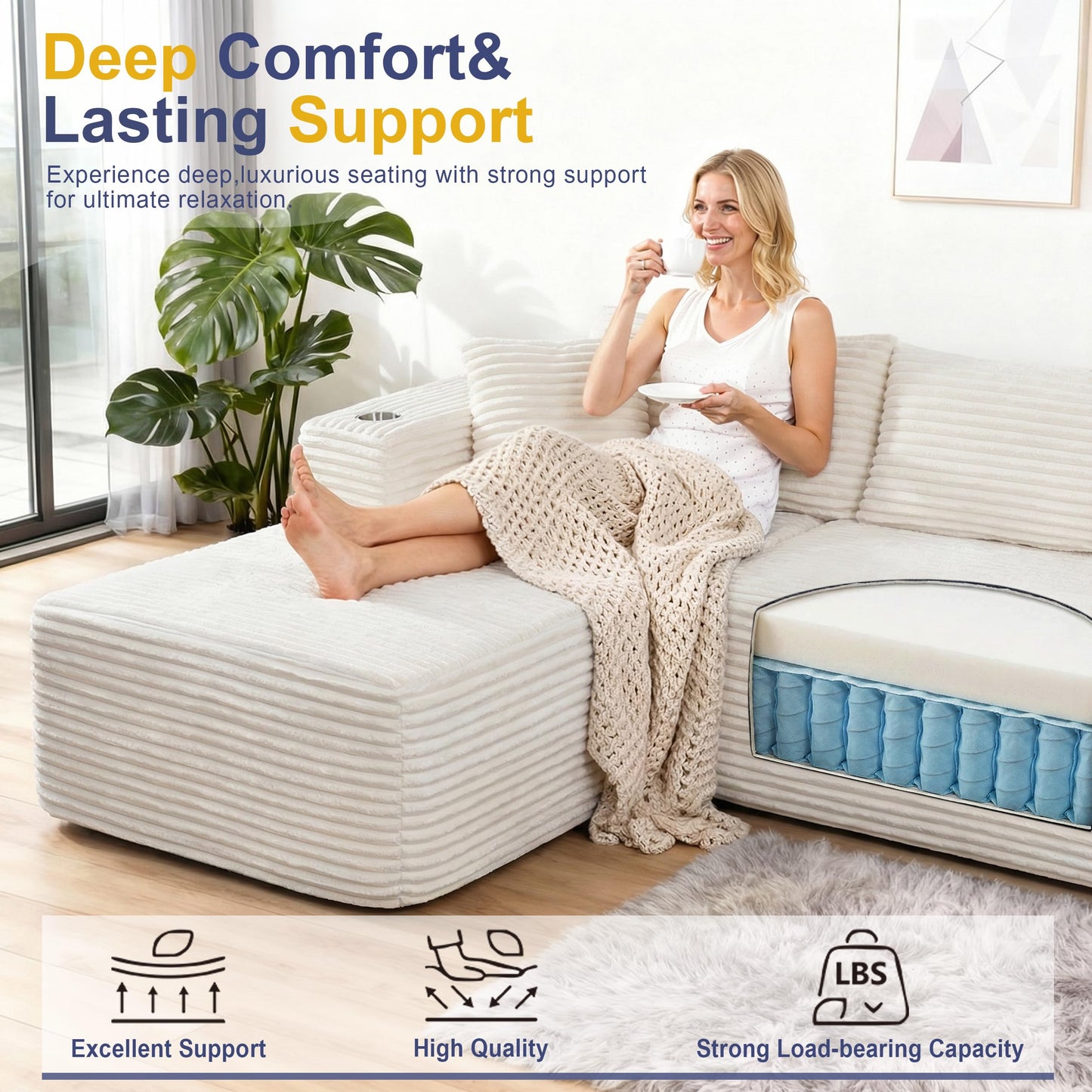 Shintenchi Boneless Couches for Living Room,Modular Sectional Sofa with 2 Cup Holders,Memory Foam Cloud Couch with L Shaped Oversized Chaise,No Assembly Needed Plush Corduroy Sofa,White