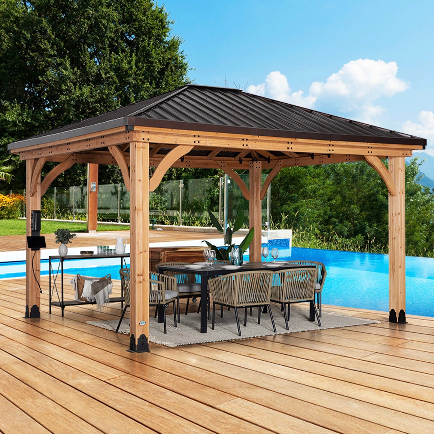Backyard Discovery Barrington 14' x 12' Cedar Wood Outdoor Gazebo Pavilion with Hardtop Galvanized Steel Hip Roof, Snow Support, Wind Resistance, PowerPort, Shade for Garden, Patio, Deck, Entertaining