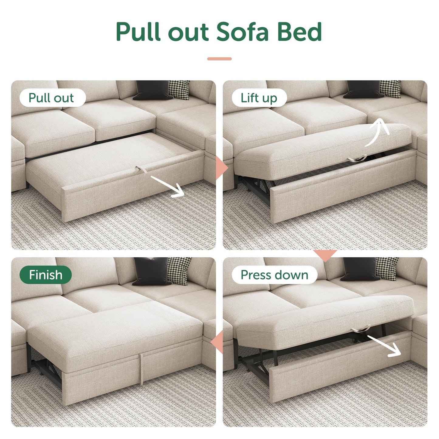 HONBAY Sleeper Sectional Couch with Pull Out Bed, Modular Sofa with Storage Seats, U Shaped Sectional Couches for Living Room, Beige