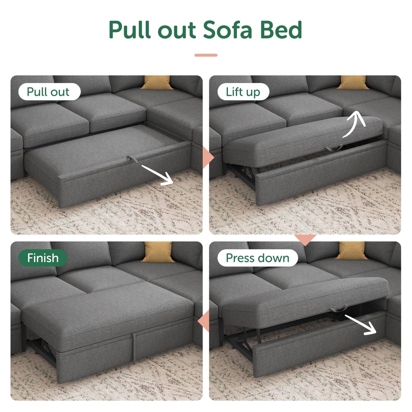 HONBAY Modular Sectional Sleeper Sofa Bed, Sectional Couch with Pull Out Bed U Shaped Modular Couch with Storage Ottoman for Living Room, Dark Grey