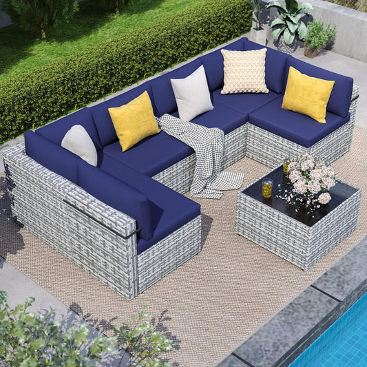 PATIOPIA 7-Piece Outdoor Sectional Sofa Set, Weather-Resistant Patio Furniture Set with Washable Cushions and Coffee Table, Grey Rattan Patio Conversation Set for Poolside, Backyard, Deck (Navy Blue)