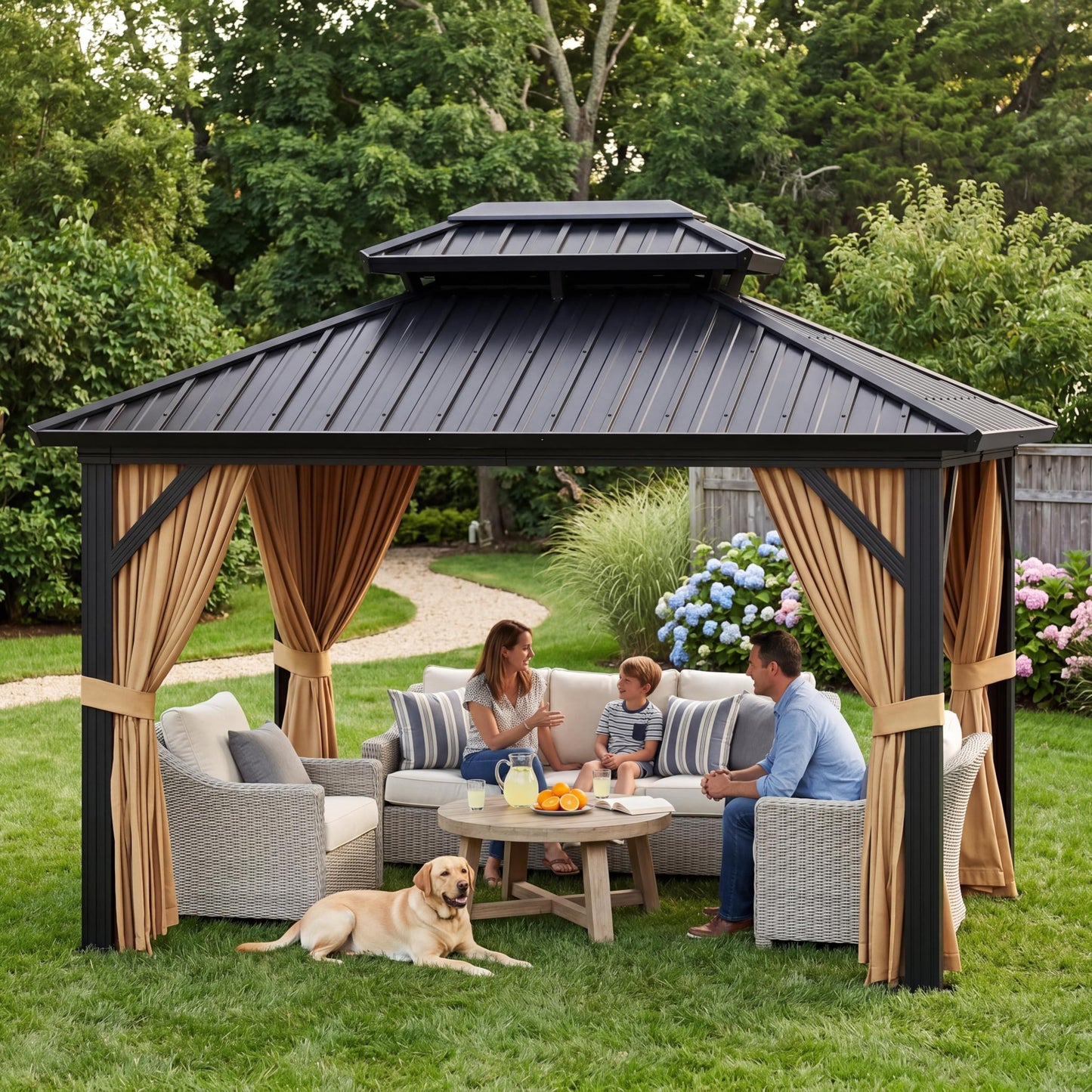 10' x 10' Hardtop Gazebo, Galvanized Steel Double Roof with Curtains & Netting – Sturdy Aluminum Frame Outdoor Patio Gazebo for Garden, Lawn, Deck and Backyard