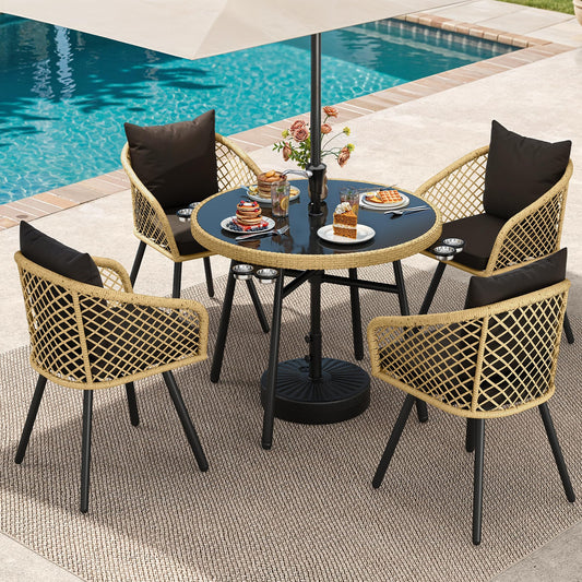 YITAHOME Outdoor Dining Set with Umbralle Hole, 5pcs Rattan Patio Dining Set for 4 with Cup Holders Soft Cushions and Glass Top Dining Table for Patio, Backyard, Garden, Bacony, Light Brown & Black