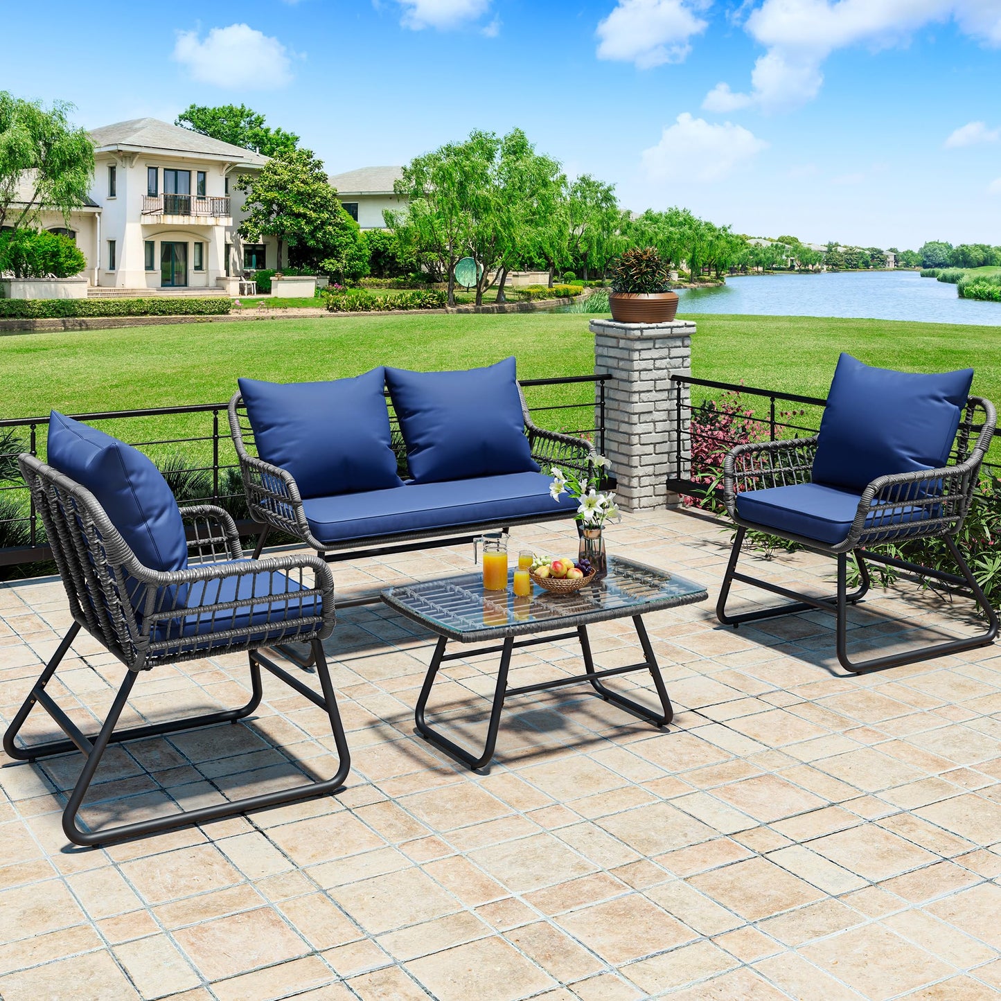 YITAHOME 4 Piece Patio Furniture Set, Wicker Outdoor Bistro Set, All Weather Rattan Patio Conversation Set with Soft Cushions and Glass Side Table for Backyard, Balcony, Deck - Navy Blue