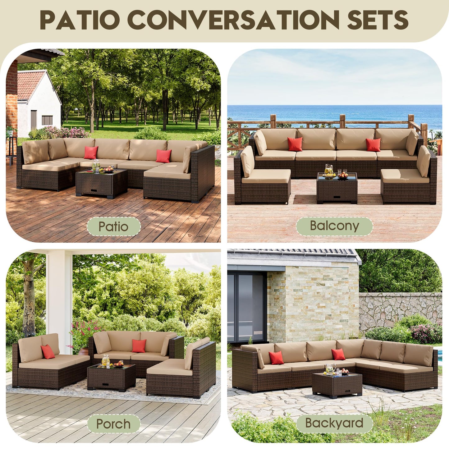 LHBcraft 7 Piece Outdoor Patio Furniture Set, Wicker Hand-Woven Patio Furniture Set Outdoor Patio Sectional Sofa for Backyard Rattan Seating with Beige Cushion