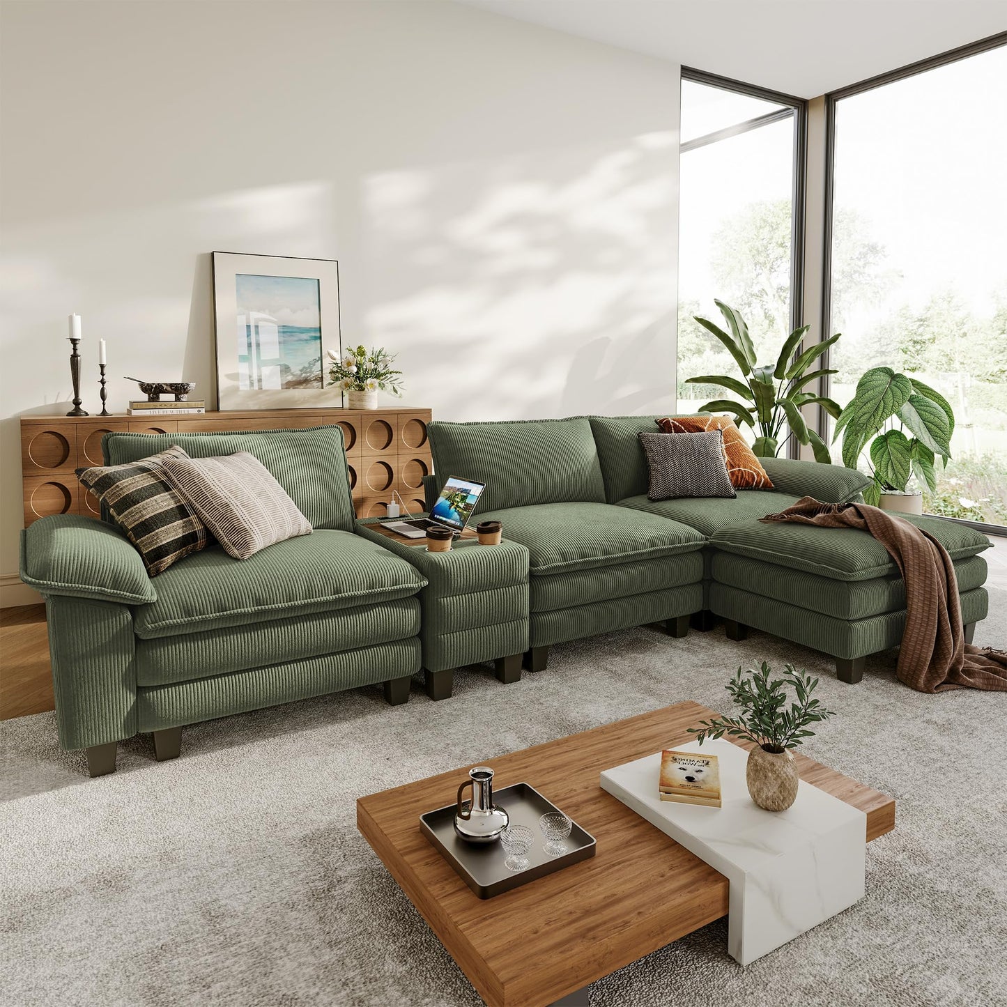 LINSY HOME Modular Sectional Sofa for Living Room, Corduroy Cloud Couch with Storage Console, USB Charging, Cup Holders, Comfy Modern Modular Cloud Couches with Movable Ottoman (Green)