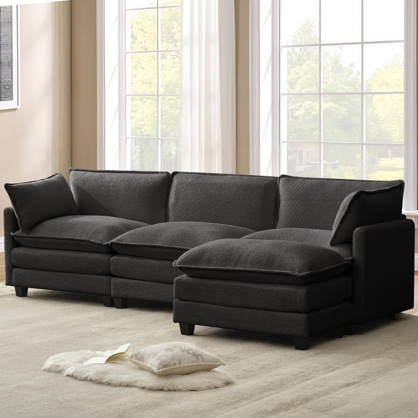 ROWHY 112'' Sectional Cloud Couch with Movable Ottoman, 4 Seat Modern Chenille Modular Sofa with 2 Throw Pillows, Deep Seat L Shaped Couch for Living Room Bedroom Apartment, Dark Grey