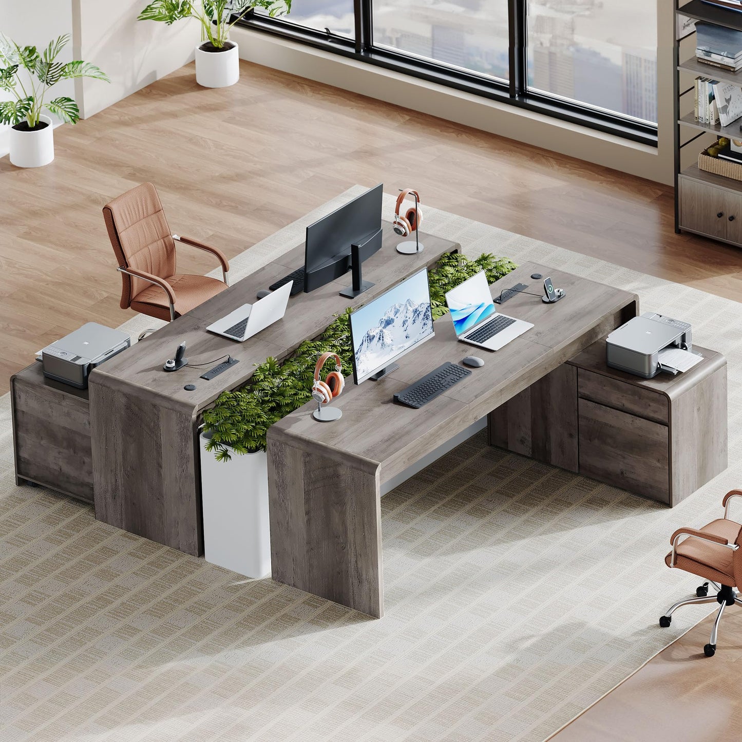 Homiflex Mid-Century Modern 78" L-Shaped Executive Desk with Independent Mobile File Cabinet, Large Home Office Desk with Drawers and 4 AC + 2 USB Power Outlets, Waterfall Edge Design, Oak Grey