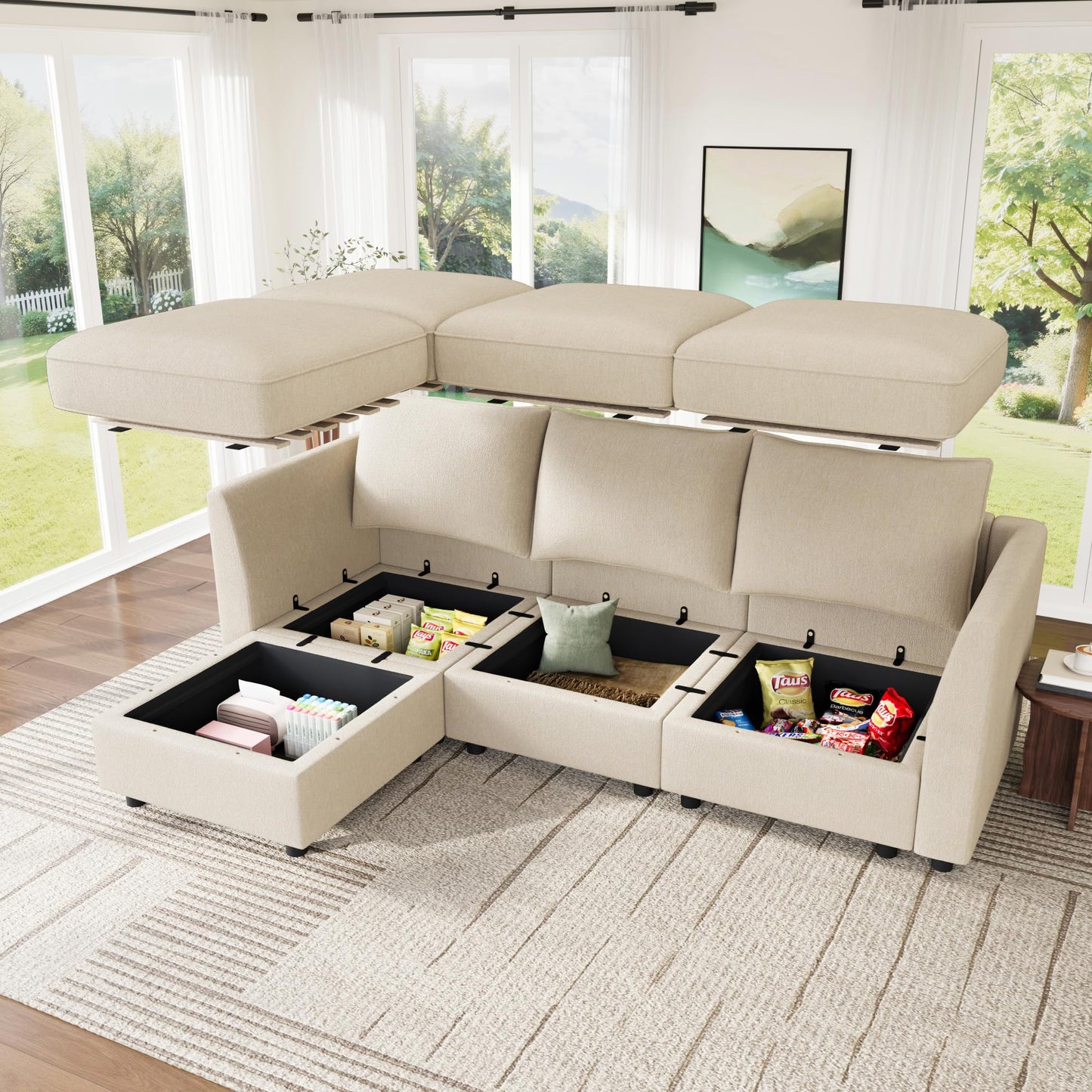HONBAY Modular Sectional Sofa with Storage L Shaped Sectional Sofa, Convertible Couches for Living Room - Beige