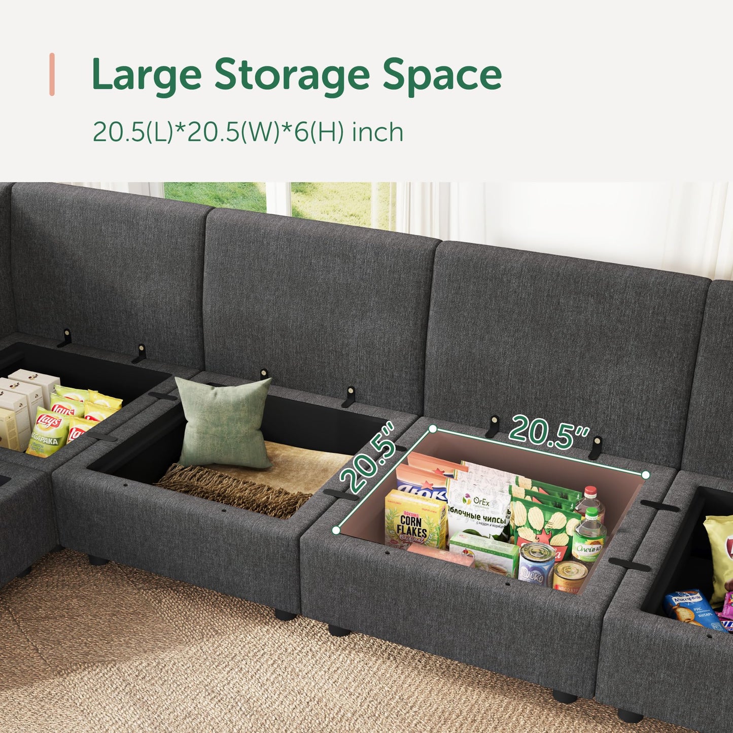 HONBAY Modular Sectional Sofa with Storage, U Shaped Couch Modular Convertible Sectional Couches for Living Room - Snowflake Velvet Grey