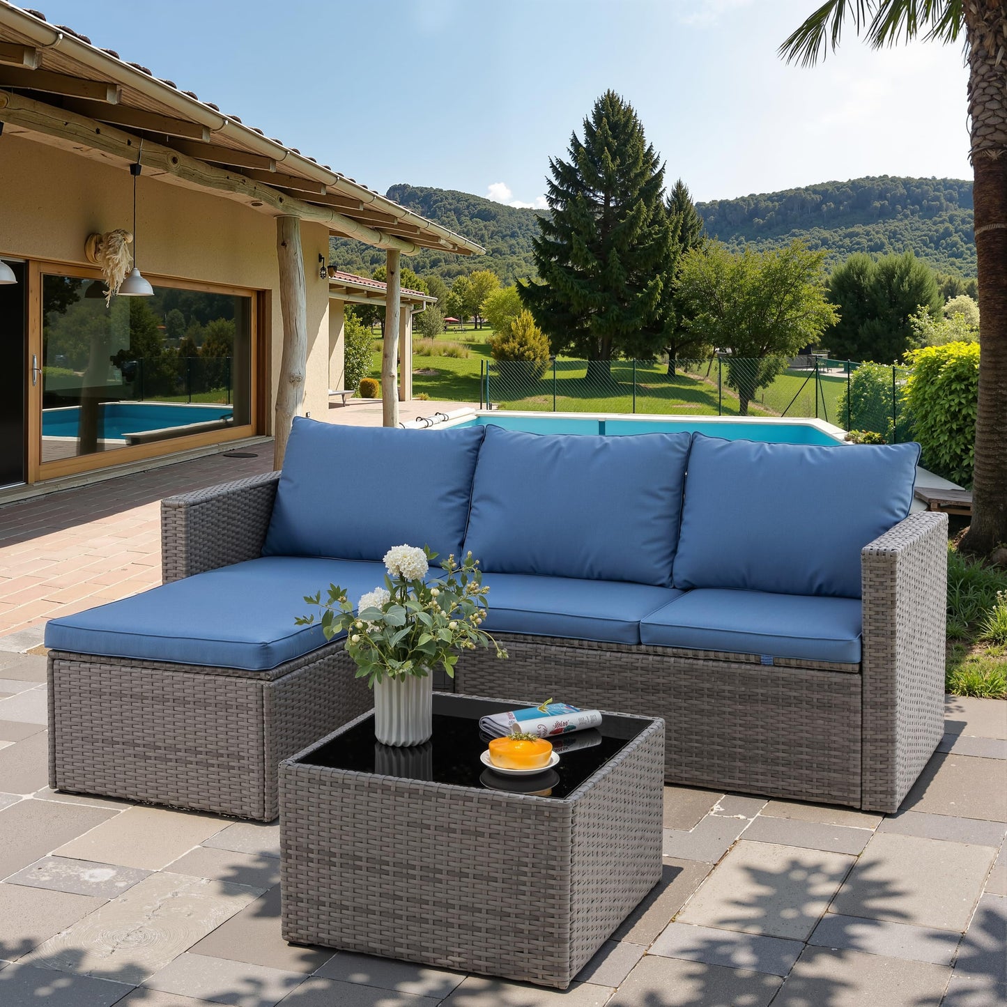 Shintenchi 4 Pieces Patio Furniture Sets, Outdoor Sofa Patio Sectional Sets All Weather, 2-in-1 Wicker Rattan Seating Sofa Couch with Cushions & Coffee Table for Yard, Garden, Porch, Poolside (Blue)