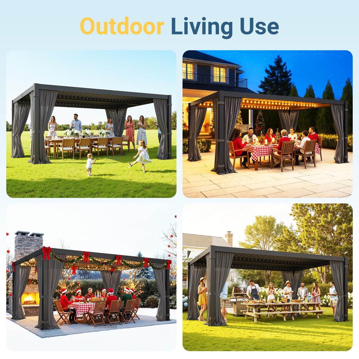 12' x 16' Louvered Pergola, Metal Outdoor Pergola with Adjustable Louvered Roof, Curtains & Netting, Gutter System, Hardtop Patio Gazebo for Patio, Deck, Garden, Yard, Dark Gray