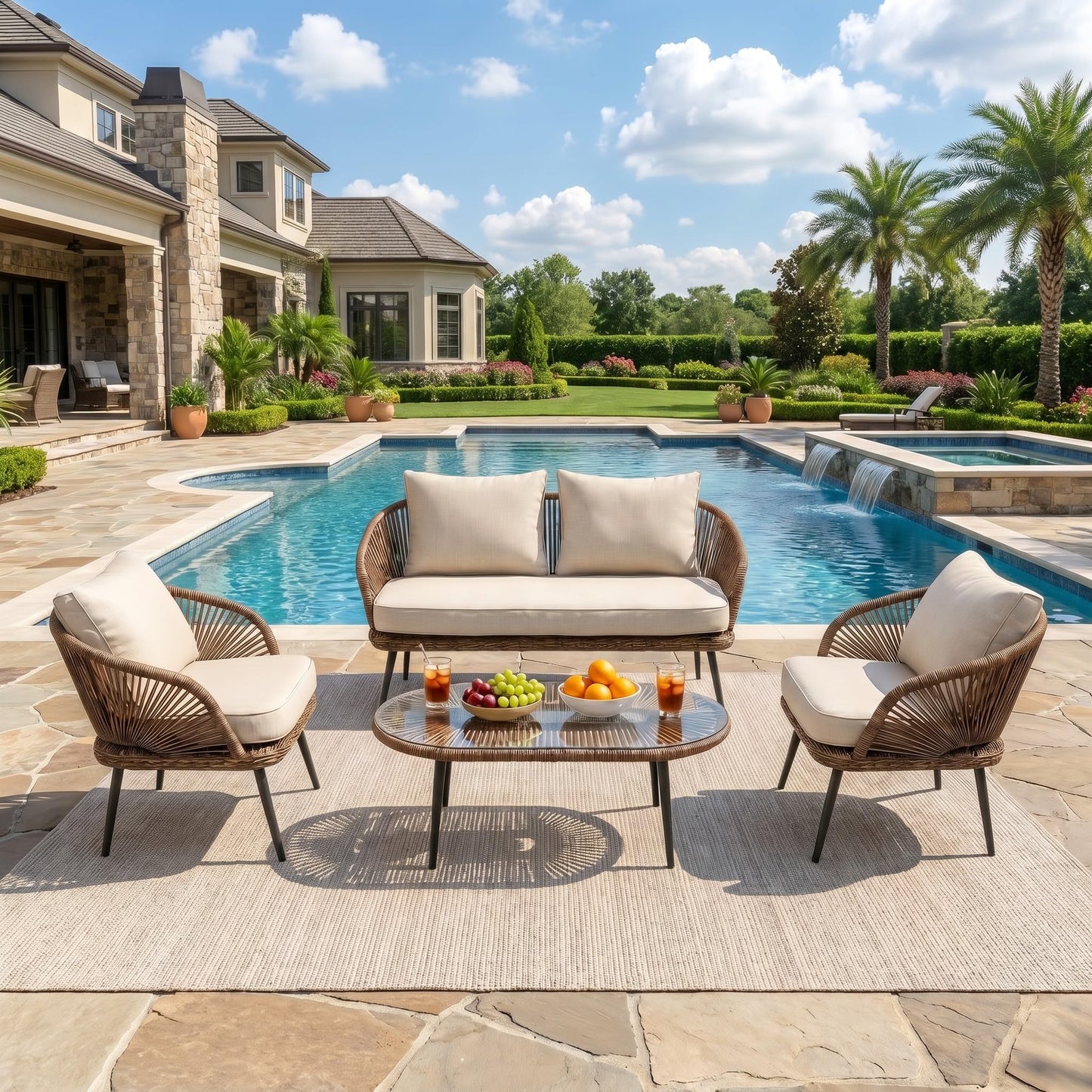 LITTLE TREE Wicker Patio Furniture Set with Coffee Table, 4 Piece Patio Sectional Furniture Set with Removable Cushions, Outdoor Conversation Set for Backyard, Garden, Porch, Balcony, Easy Assembly