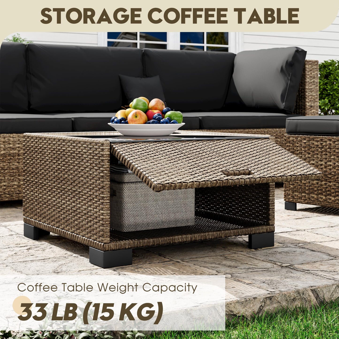 LHBcraft 7 Piece Patio Outdoor Furniture Set, Outdoor Sectional, All-Weather Manual Weaving PE Rattan Wicker Patio Sectional Sofa, Rattan Outside Furniture with Black Cushion and Glass Coffee Table