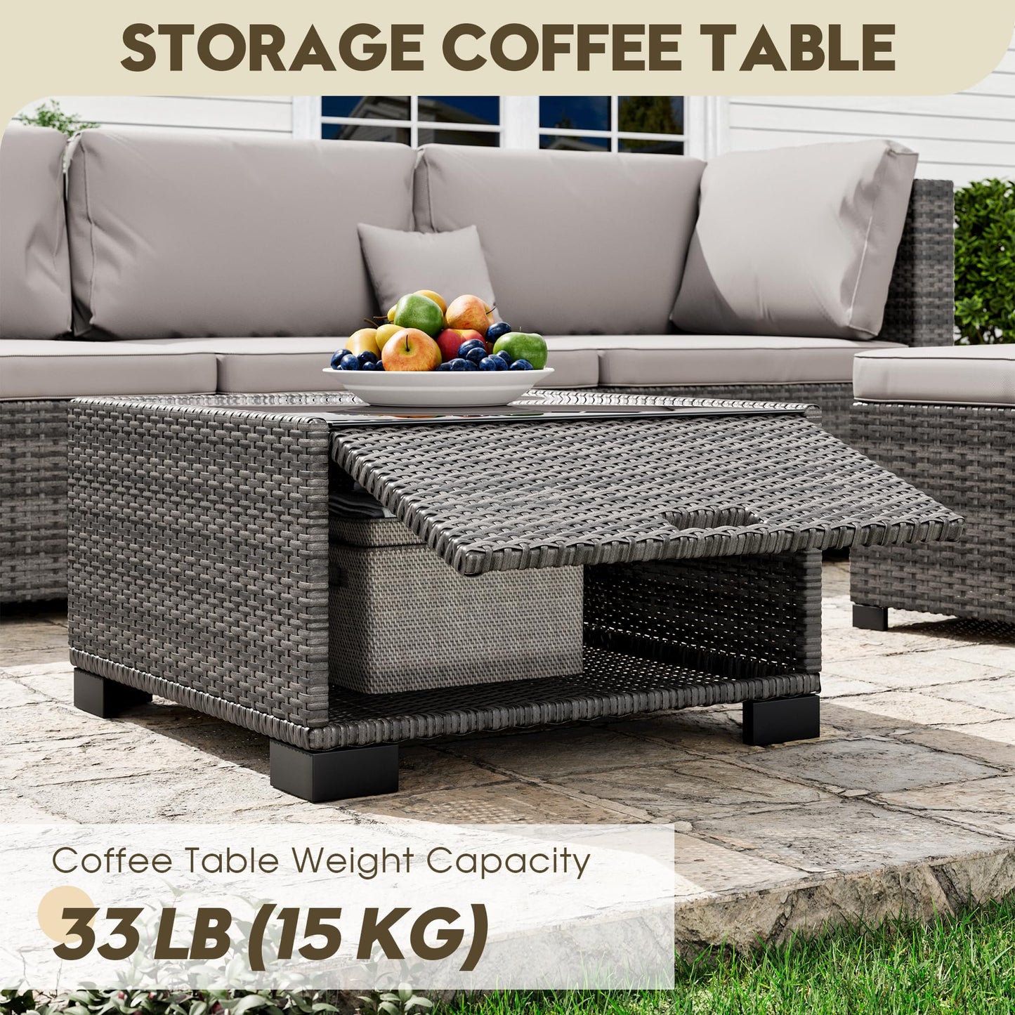 LHBcraft 7 Piece Patio Outdoor Furniture Set, Outdoor Sectional, All-Weather Hand-Woven Wicker Patio Sectional Sofa, Rattan Outside Furniture with Grey Cushion and Glass Coffee Table