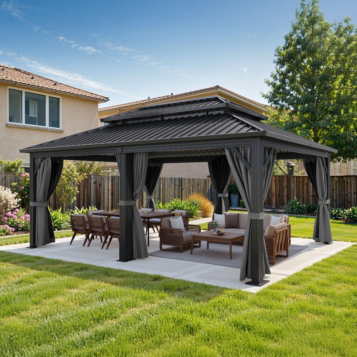 DWVO 12x18ft Gazebo Double Roof Hardtop with Nettings and Curtains, Heavy Duty Galvanized Steel Outdoor Vertical Stripes Roof for Patio, Backyard, Deck, Lawns, Brown