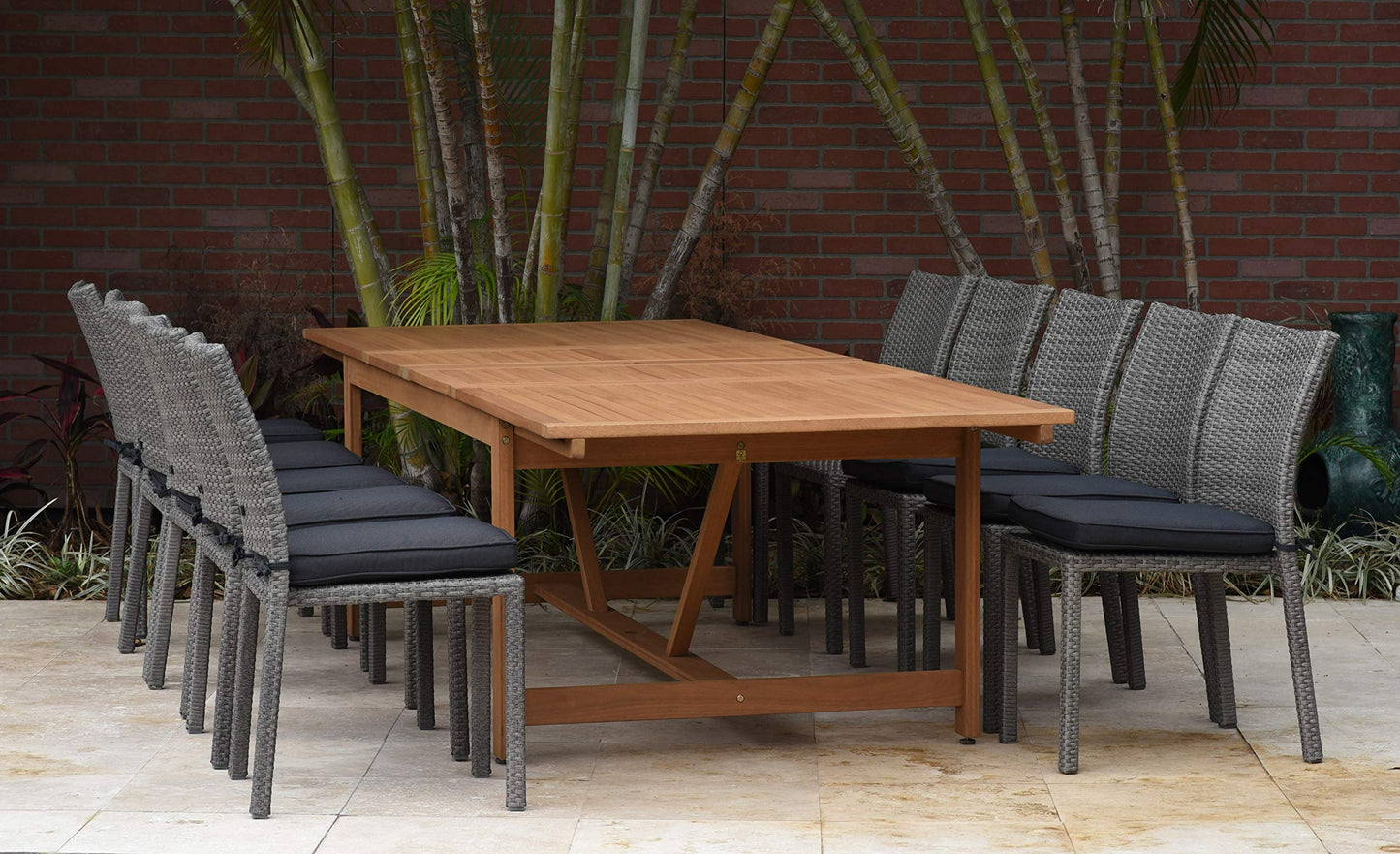 Amazonia Jefferson 11-Piece Patio Extendable Dining Table Set | Teak Finish & Light Grey Wicker Chairs with Cushion | Ideal for Outdoors and Indoors