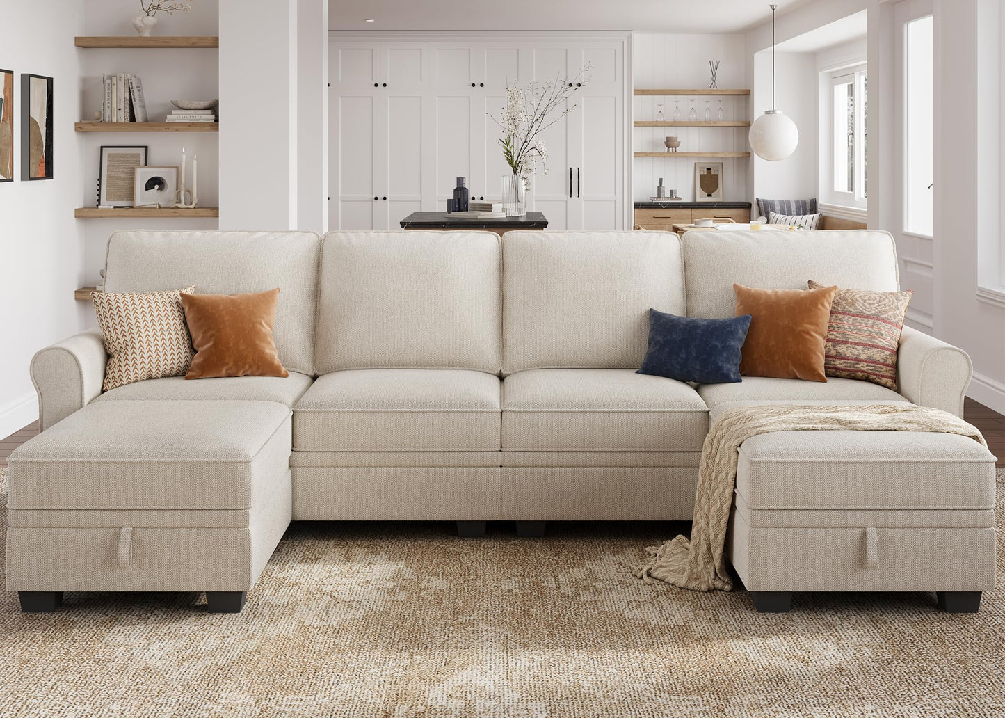 HONBAY Convertible Sectional Sofa with Storage U Shaped Sectional Couch with Reversible Chaise Small Sectional Couches for Living Room,Beige