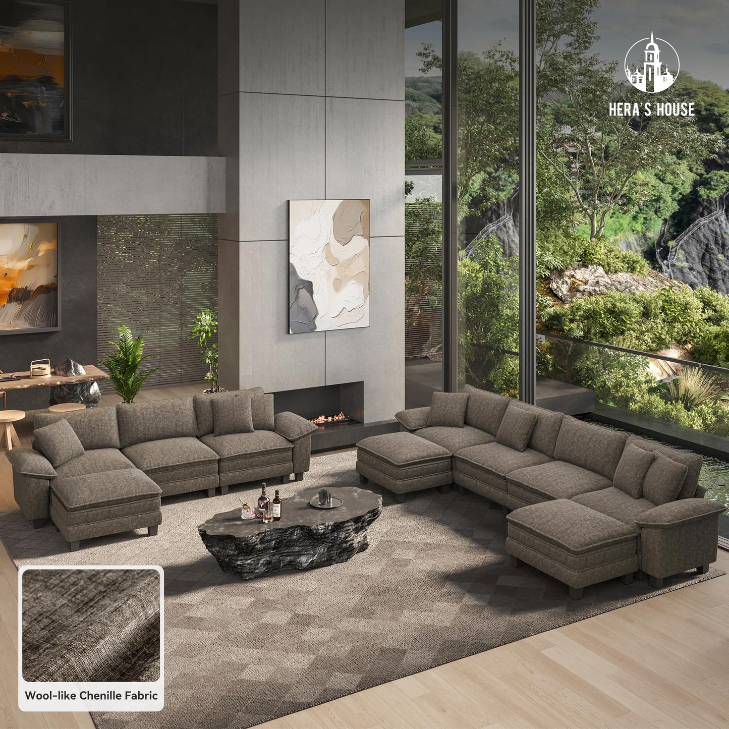 HERA'S HOUSE 158" Modular Sectional Sofa, Oversized U Shaped Couches for Living Room, Comfy Cloud Couch with Ottoman, 6-Seater Deep Seat Sofa with Throw Pillow, Chenille Ash