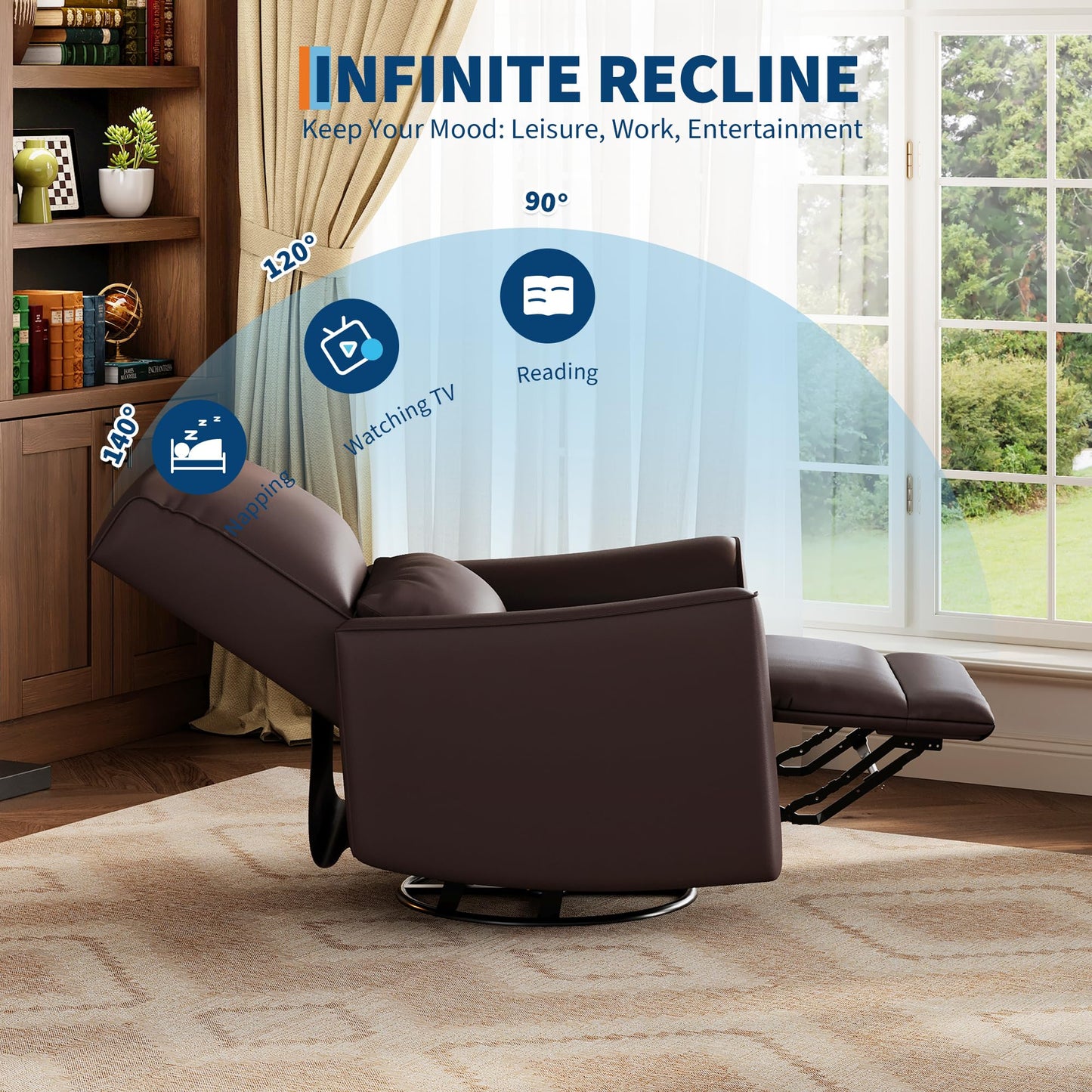 IDEALHOUSE Swivel Rocking Nursery Recliner Chair Rocker Recliner Glider Deep Seat PU Leather Sofa Chair with high Backrest for Nursery, Living Room, Bedroom & Home Movie Theater (Dark Brown)