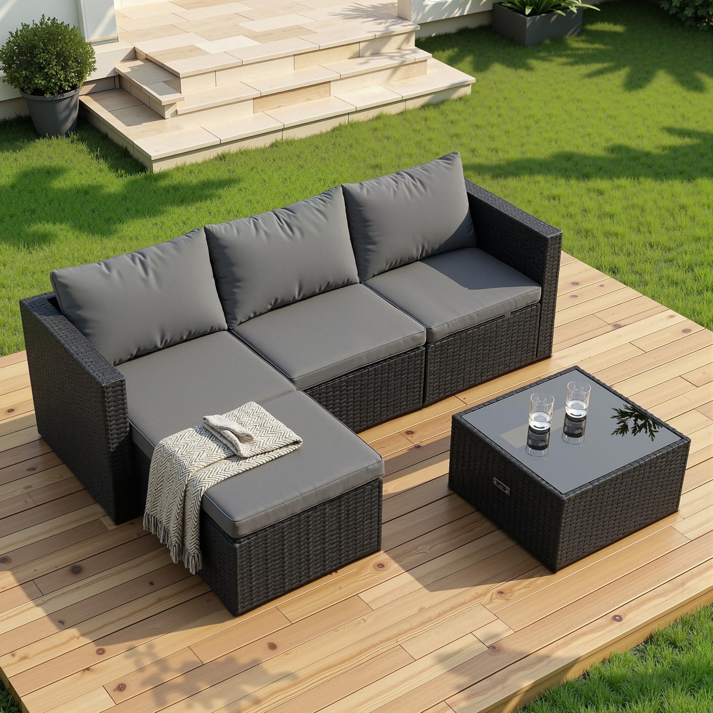 Shintenchi 4 Pieces Patio Furniture Sets, Outdoor Sofa Patio Sectional Sets All Weather, 2-in-1 Wicker Rattan Seating Sofa Couch with Cushions & Coffee Table for Yard, Garden, Porch, Poolside (Gray)