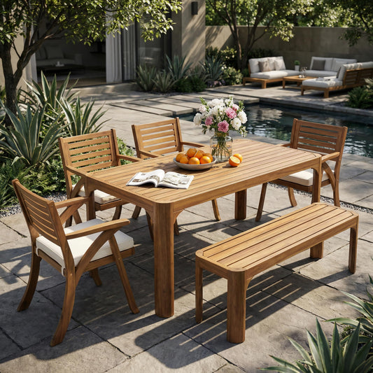 Christopher Knight Home Outdoor 6 Piece Dining Set – 70" Acacia Wood Table with 4 KD Chairs Include Cushions & 57" Bench, Teak Finish Patio Garden Backyard Furniture Set