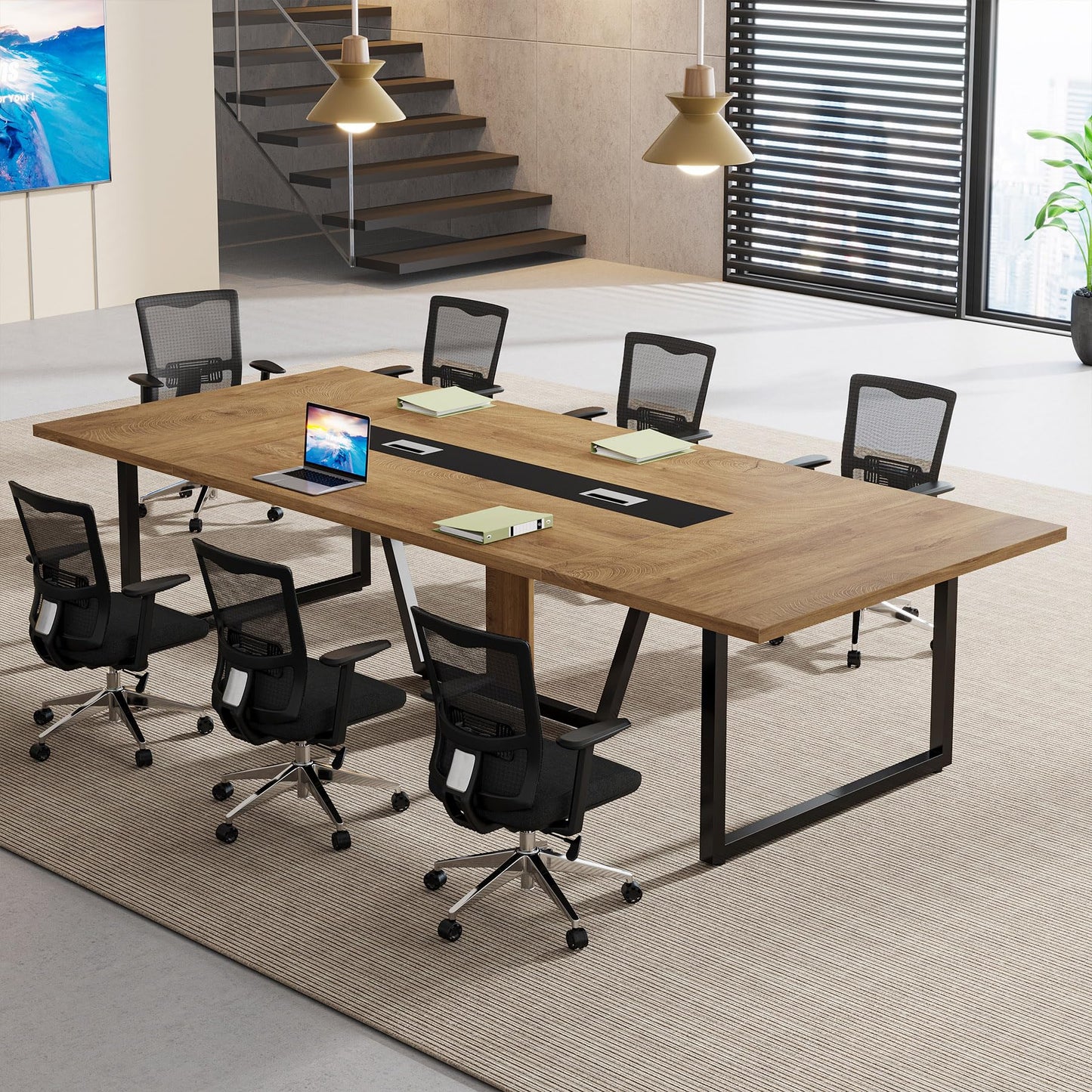 Tribesigns 8FT Conference Table, 94.49 L x 47.24 W x 29.53 H Inches Large Meeting Podcast Table for 10 People, Business Style Wooden Training Table with Strong Metal Frame for Office Conference