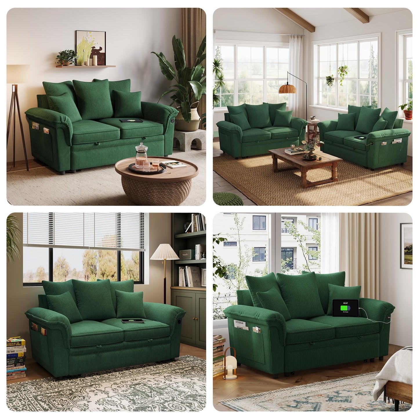 LINSY HOME Sectional Loveseat Sofa with Pull Out Chaise (Green, 62.5'')