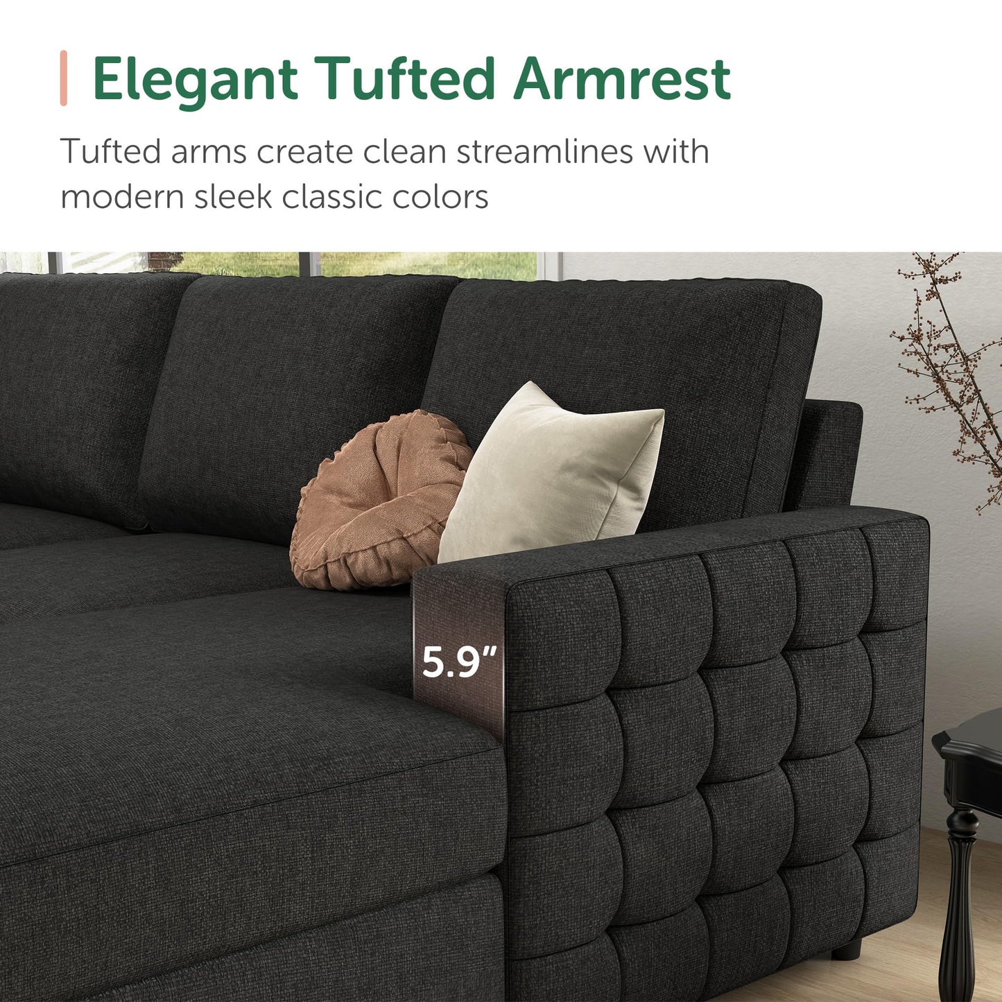 HONBAY Sectional Sleeper Sofa with Pull-Out Bed Storage Chaise, 6 Seater Couch for Living Room, Dark Grey