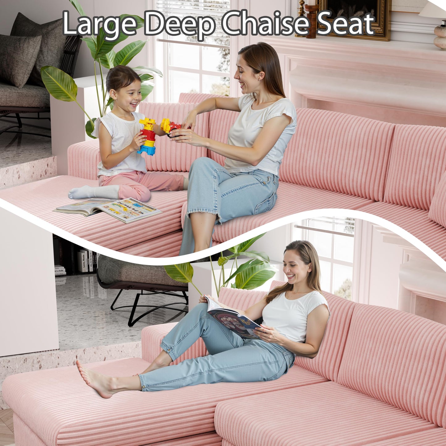 Shintenchi Boneless Couches for Living Room,Modular Sectional Sofa with Deep Seat,Memory Foam Cloud Couch with L Shaped Oversized Chaise,No Assembly Needed Plush Corduroy Sofa,Pink